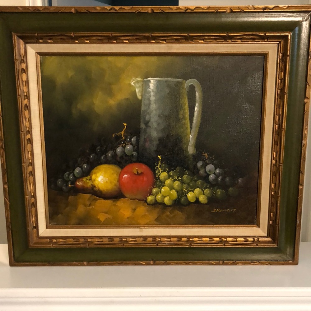J. Remstedt oil still life painting with fruit and pitcher